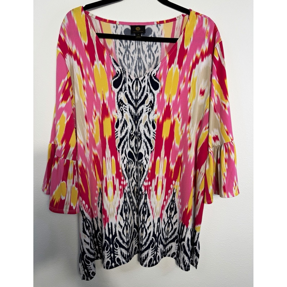 JM Collection Plus Size 4X Pink/Yellow Abstract Knit Tunic Scoop Neck 3/4 Bell